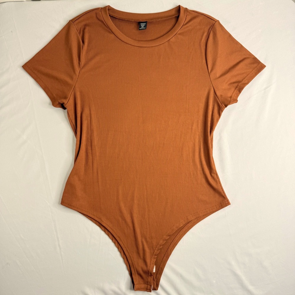 SHEIN Curve Womens 2XL Rust Brown Ribbed Short Sleeve Crew Neck Bodysuit
